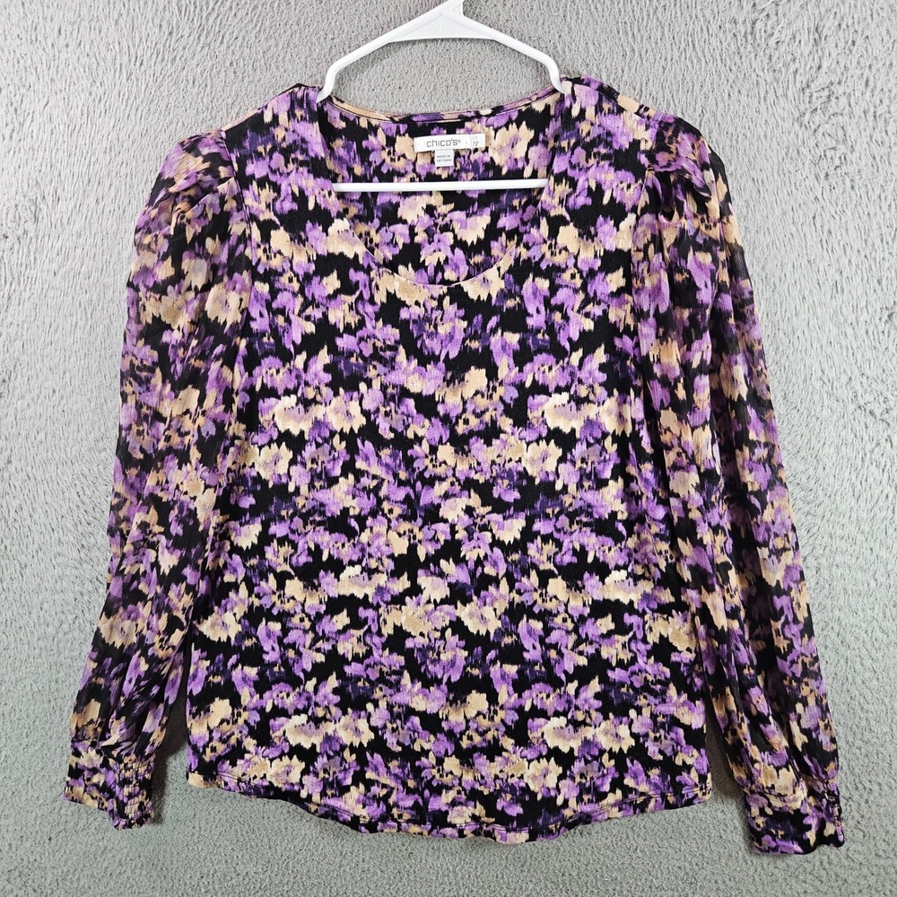Chicos Floral Print V Neck Long Sleeve Blouse Women Size 1 /M Purple Black Beige